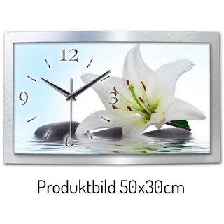 Kreative Feder Funkwanduhr 3D Designer-Wanduhr „Weiße Lilie“ aus gebürstetem Aluminium (3D-Wölbung; einzigartiges Zwei-Platten-Design; flüsterleises Uhrwerk) weiß 50 cm x 30 cm