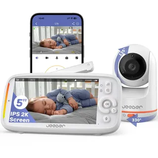jeeber 2K/3MP Babyphone mit Kamera APP, 360°, 5" WLAN Video Babyfone, HDR-Nachtsicht, Weinen/Bewegungs/Geräusch-Erkennung, Temperaturanzeige, hohe Reichweite, Bereich alarme, ohne ABO