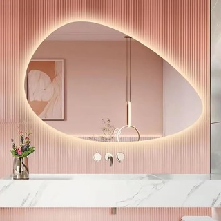 Dimmbarer Asymmetrischer LED spiegel Mit 3-farben-beleuchtung, Unregelmäßiger Ovaler Wand-schminktisch, Beleuchteter Kosmetikspiegel, 70x50cm/90x60cm, Wasserdichter Rahmenloser Badezimmerspiegel