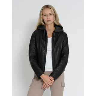 Lederjacke MUSTANG "31022244", Damen, Gr. L, schwarz, Obermaterial: 100% Lammleder. Innenfutter: 100% Baumwolle. Ärmelfutter: 100% Polyester. Wattierung: 100% Polyester. Kapuze 52% Baumwolle, 48% Polyester, Jacken