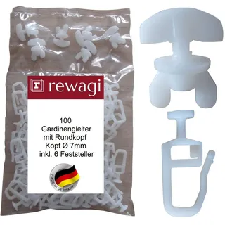 rewagi Gardinengleiter 100 Gardinengleiter mit Rundkopf Ø 7 mm & 6 Feststeller, Gardinen, Vorhänge, Gardinenstangen, Innenlaufsysteme, Gardinenschienen, Gardinenleiste, (106-St)
