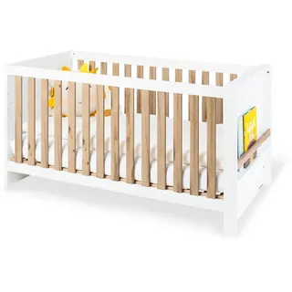Pinolino Gitterbett Lova, Natur, Weiß, Holz, Eiche, 79x81x150 cm, Lattenrost inklusive, Schlupfsprossen, Babymöbel, Babybetten, Gitterbett