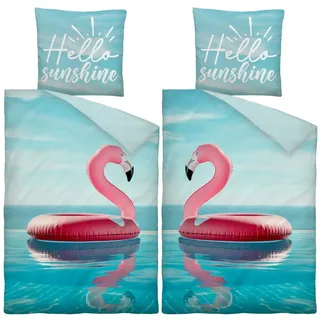 Biberna Bettwäsche Castell Partnerbettwäsche 135x200 cm Flamingo, Mikrofaser, Mikrofaser blau|rosa