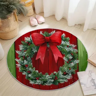 Generisch Runder Teppich 180 cm Waschbar Kurzflor, Cartoon-Weihnachtskranz Teppich rutschfest Wohnzimmer Rund Teppiche pflegeleicht für Schlafzimmer Esszimmer Kinderzimmer, Rot Grün