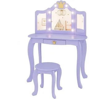 COSTWAY Schminktisch Kinderschminktisch mit Hocker, mit LED Beleuchtung lila