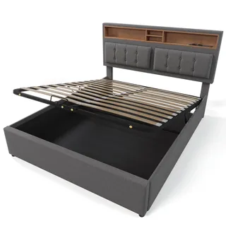 39F FURNITURE DREAM Modern Upholstered Storage Bed with USB and Type C Charging, Linen Double Bed Frame 160 x 200 cm