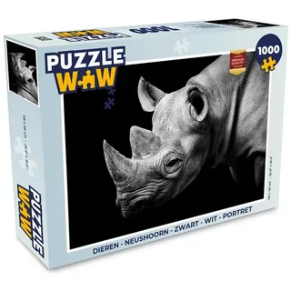 MuchoWow Puzzle Tiere - Nashorn - Schwarz - Weiß - Porträt, 1000 Puzzleteile, Foto-Puzzle, Bilderrätsel, Puzzlespiele, Klassisch schwarz 48 cm x 68 cm x 2 cm | Querformat