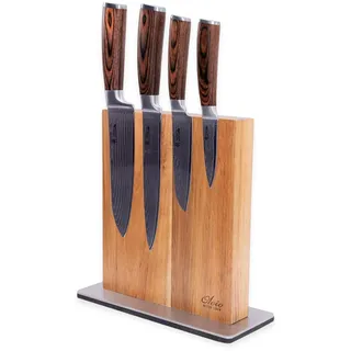 Wakoli EDIB 4-teiliges Küchenmesser Set aus Damaststahl (VG10 Kern) mit magnetischem Messerblock – Office, 2× Santoku & Fleischmesser – Scharf & ergonomisch – Damastmesser Set mit Pakkaholzgriffen