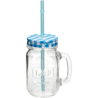 2er Set Glasbecher mit Henkel, Deckel und Trinkhalm inkl. Rezeptheft - blau kariert - 0,5 Liter Trinkbecher / Trinkglas mit Relief