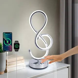 Vloitgol Nachttischlampe LED, Moderne Spiral Tischlampe LED, 3 Farbtemperaturen, Touch Control, Dimmbare Tischleuchte mit USB und Type-C Anschluss, Nachtlicht für Schlafzimmer Wohnzimmer Büro - Silber