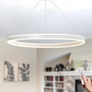 LAMPLAY Runde Moderne LED-Pendelleuchte, 1 Weiß Ring-Kronleuchter, Dimmbar Mit Fernbedienung 3000K-6000K Deckenleuchte, Höhenverstellbar, Foyer, Wohnzimmer, Schlafzimmer, Esszimmer(Ø80cm)
