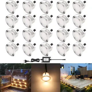 DarisingSun 20er Set LED Bodeneinbaustrahler Ø45mm 1W Terrassen Einbaustrahler Aussen 12V IP67 Wasserdicht Terrassenstrahler Licht für Küche Garten Treppen Balkon Gehweg Holzbrücke, Warmes Weiß