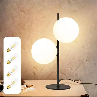ZMH Tischlampe Wohnzimmer Tischleuchte Vintage - Nachttischlampe 2 Flammig Schwarz Metall Glaskugel Design Nachttischleuchte mit 4 × 4W E27 2700K Leuchtmittel Industrial Tischlicht für Schlafzimmer