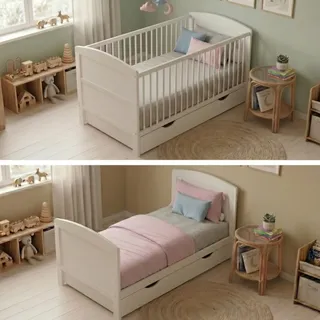 Babybett 70x140 umbaubar mit Schublade und Matratze, Gitterbett, Kinderbett, höhenverstellbar & herausnehmbare Sprossen | weitere Größe: 60x120cm | 70x140cm: von Geburt bis 6. Lebensjahr, Weiß