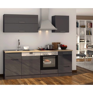 Küchenblock Mailand 220 cm grau hochglanz mit Geschirrspüler Herd Glaskeramik Kochfeld Dunsthaube und Spüle