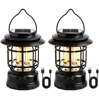 2 Stück LED Campinglampe Solar, Solar Camping Licht Dimmbar, USB Aufladbar Retro Camping Laterne, IPX4 Wasserdicht LED Campinglampe Tragbar für Angeln Notfall Zelt Outdoor Wandern (Schwarz)