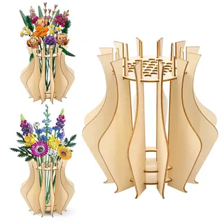 Holzvase Vase für Lego Blumen, 3D Holz-Puzzle Vase für Lego Blumenstrauß, Blumenvase für Rosen, Tulpen, Orchideen und Lotusblumen
