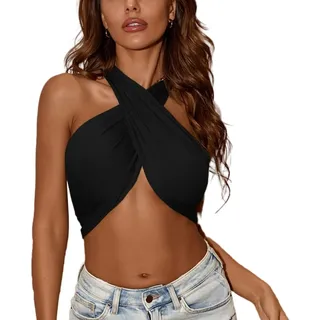Crisscross Neckholder-Tanktops für Damen gerüscht Crop ärmellos vorne rückenfrei Cami Crop-Top Bustier-Korsett Frauen sexy Criss-Cross ärmellos rückenfrei Tanktop Cami mit Rüschen Bustier-Korsett - L