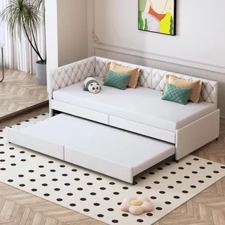 DAHUEN Schlafsofa 90 x 200 cm, 2-Sitzer-Sofa, ausklappbar, mit Ausziehbett, Bett mit Lattenrost, Samt, Beige, Matratze nicht im Lieferumfang enthalten (weiß)