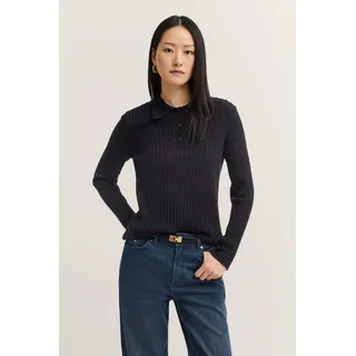 Bugatti Polokragenpullover "Kaschmir-Mix", Damen, Gr. M, schwarz (290, schwarz), 40% Wolle, 30% Viskose, 20% Polyamid, 10% Kaschmir, unifarben, normal, Rippbündchen, Pullover, aus Rippstrick mit Knopfleiste