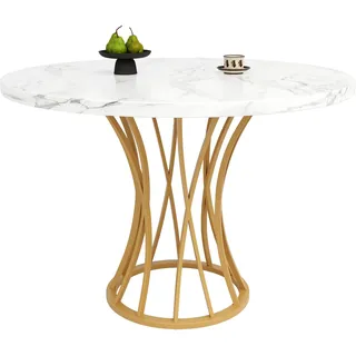 Runde Esstisch Aus Mdf Und Metall Mit Marmoriertes Muster, Verstellbare Goldene Beine - 80×80×76 Cm, Gold