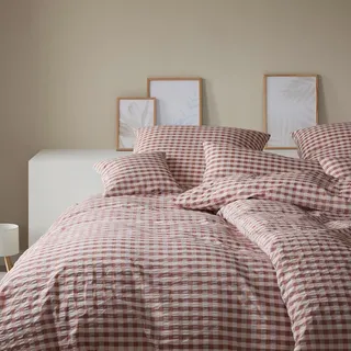 ELEGANTE Lilly Mako-Satin Kariert Rot 135 x 200 cm + 40 x 80 cm