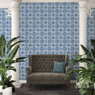 A.S. Création Selbstklebende Tapete Landhaus Fliesen weiß blau The Wallcover 385601 Vintage 8,40x0,53m, Blau, Weiß, 8,40 m x 0,53 m = 4,24m2