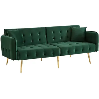 Merax 2-Sitzer Schlafsofa, Sofabett mit 3-fach Rückenlehne, 6-fach Armlehnen & Goldfüßen, Veloursstoff / Samtstoff, 178 x 82 x 70 cm, Grün