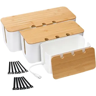 3 Stück kabelbox,Kabelmanagementbox,Aufbewahrungsbox für Kabel mit Bambusdeckel,Aufbewahrungsbox aus Draht zum Verstecken von Kabeln Organisieren Sie die Computerverkabelung