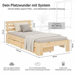 Homestyle4u Holzbett 90 x 200 cm Braun