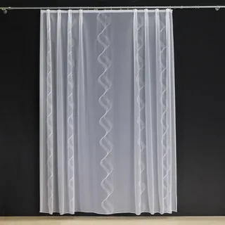EASYHomefashion Hochwertige Gardine Fertiggardine Voile Store Schal mit Stickerei Faltenband und Bleiband weiß Ferrara 130 x 300 cm (HöhexBreite)