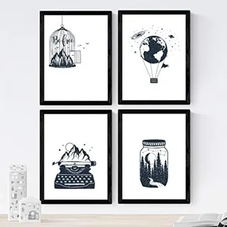 POSTER Set mit 4 Freier Wald A4 Schwarzer Rahmen