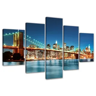 Visario Leinwandbild New York Brooklyn Bridge Nacht 200 x 100 cm 5-teilig Direktdruck auf Leinwand mit Holzrahmen Wandbild Kunstdruck XXL Wanddeko für Wohnzimmer Schlafzimmer Artikelnr. 6301