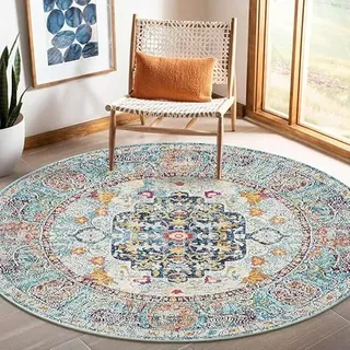 Nyescasa Teppich Rund 100 cm Vintage Boho Mandala Teppich Wohnzimmer Waschbar rutschfest Weich Kurzflor Runder Teppiche für Schlafzimmer Kinderzimmer Outdoor, Beige Blau