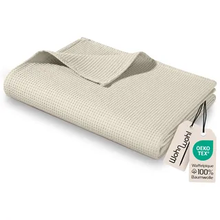 WOHNWOHL® Tagesdecke (220x240cm) • Große Waffelpique Decke • 100% Baumwolle • Sommerdecke • Sofa-Decke • Pflegeleichte Wohndecke • Überwurfdecke • Baumwolldecke • Farbe: Creme