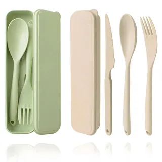 Cuayaes Großes Reisebesteck mit Etui,Tragbare Camping Besteckset 2 Personen | Plastik Gabel Messer Löffel Besteck für Unterwegs Schulen, Lunchboxen, Camping, Partys Und Familien (Beige + Grün)