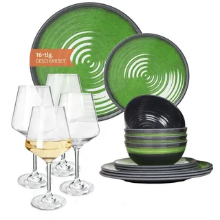 Moritz Geschirr-Set Camping Geschirr Stone Green + Milano Weißweingläsern