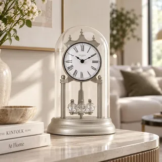 Fountain Designs Genevieve Kaminuhr mit drehbarem Pendel, 50. Hochzeitstag, Glaskuppel, Hochzeitsgeschenke, Schreibtisch- und Regal-Uhr für Wohnzimmer, Kamin-Dekor (Morning Sliver)