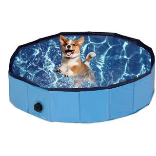 Relaxdays Hundepool, H x D: 20 x 80 cm, faltbar, mit Ablassventil, Hundeplanschbecken zur Abkühlung, PVC & MDF, blau