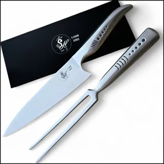 S-HubOla S Shark Messerset – Chefmesser 36 cm & Fleischgabel 32 cm – Voll-Edelstahl – Silber – Profi BBQ & Küchen Set – Haifisch-inspiriertes Design – Teil der S Shark Serie