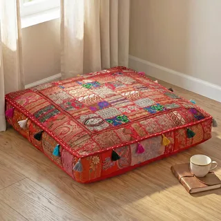 THE ART BOX 88 x 88 x 12 cm, Vintage-Patchwork, großes Outdoor-Kissen, großes Hundebett, Gartendekoration, Bodensitzkissen, Boho-Dekorationskissen (nur Bezug)