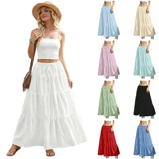 Rock Lang Damen Elegant Plissee Sommerrock A-Linie Maxirock mit Gummibund Fließend Hohe Taille Freizeitrock Urlaub Boho Strand Röcke Long Skirts for Women - M