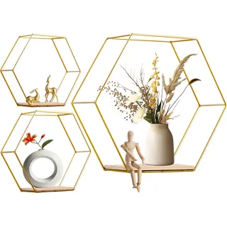 Cptoion 3 Stück Hexagon Wandregal Metall, Gold, 3 Größen