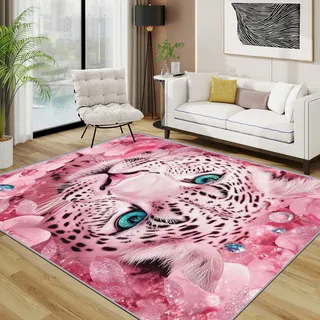 TerroVee Leopard Teppich 200x200 cm, Blumen Tiere Waschbarer Teppiche Wohnzimmer, Fantasy Rosa Mädchen rutschfest Antirutsch Groß Teppiche Für Esszimmer, Quadratisch, Rosa