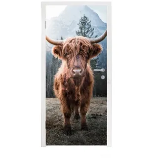 MuchoWow Türtapete Schottischer Highlander - Berg - Tier, Matt, bedruckt, (1 St), Türfolie Selbstklebend, Türtapete, Türdeko Poster, 95x235 cm bunt 95 m x 235 m