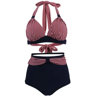 VILOREE Vintage 50s Damen Bademode Bikini Set Push Up Hoher Taille Neckholder Bauchweg Gestreift Top + Blau Shorts M - M