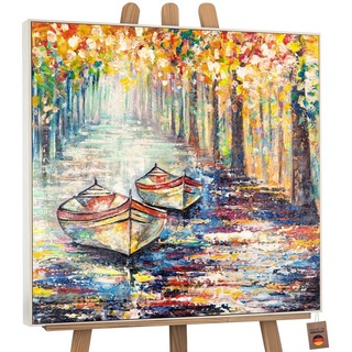 YS-Art Gemälde Herbstlicher Anlegeplatz, Landschaft, Segelboote Baum Bunt Leinwand Bild Handgemalt beige 100 cm x 100 cm x 4 cm