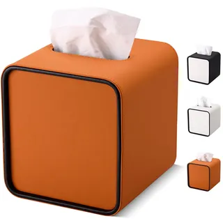 GORESE Taschentuchbox,Leder Quadratische Kosmetiktücherbox Papiertaschentuchhalter Taschentuchspender Tücherbox Tissue Box für Büro, Zuhause, Auto, Badezimmer(Orange)