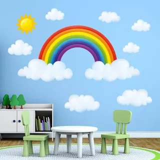 DECOWALL SG2-1713 Wolken und Regenbogen Wandtattoo Wanddeko Wohnzimmer Schlafzimmer Kinderzimmer Sonne Regenbogen Blau Himmel
