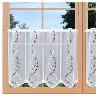 Scheibengardine Bianca mit Perlenschnur-Stickerei aus Echter Plauener Spitze moderner Kurzstore in weiß-rot 40 x 128 cm